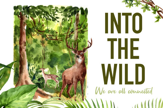 Zoo frame design with tree, deer watercolor illustration.