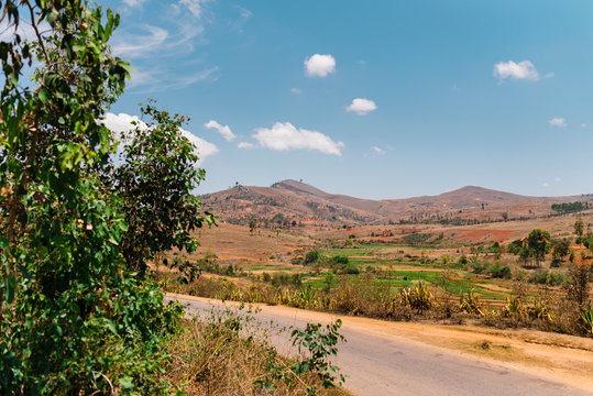 Deserted landscape of dry hills on a sunny day, Fianarantsoa, Madagascar