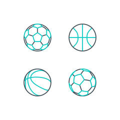 Set of thin contour lines icons basketball and soccer balls isolated on white background. Modern design minimalistic style black and white outline sign classic football basketball illustration balls