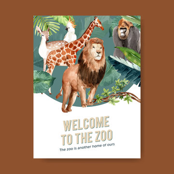 Zoo poster design with lion, giraffe, deer, bird watercolor illustration.