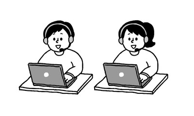 へッドセット私服姿でパソコンを操作する女性男性セット（シンプル）