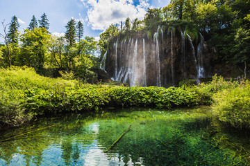 Cascades and waterfalls in the landscape of Plitvice Lakes, Croatia.