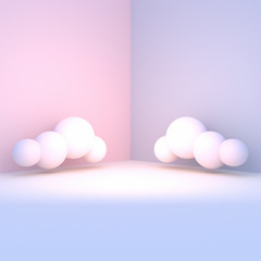 Pastel purple room with white clouds. 3d rendering picture.