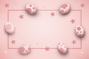 Fototapeta na wymiar easter eggs on pink paper background, top view
