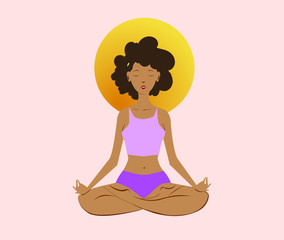  Black young woman, practicing yoga in the lotus pose. Healthy lifestyle and wellness concept. Flat cartoon vector illustration for meditation, recreation, Yoga Day. Isolated on light pink background