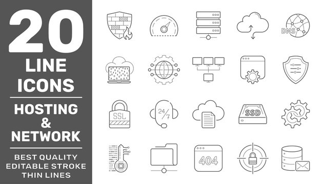 Web hosting and Network icons set. Technology outline icons pack. Perfect thin line vector icons for web design and website application. Editable Stroke. EPS 10