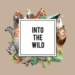 Zoo wreath design with eagle, gorilla, giraffe, rhino watercolor illustration, - obrazy, fototapety, plakaty