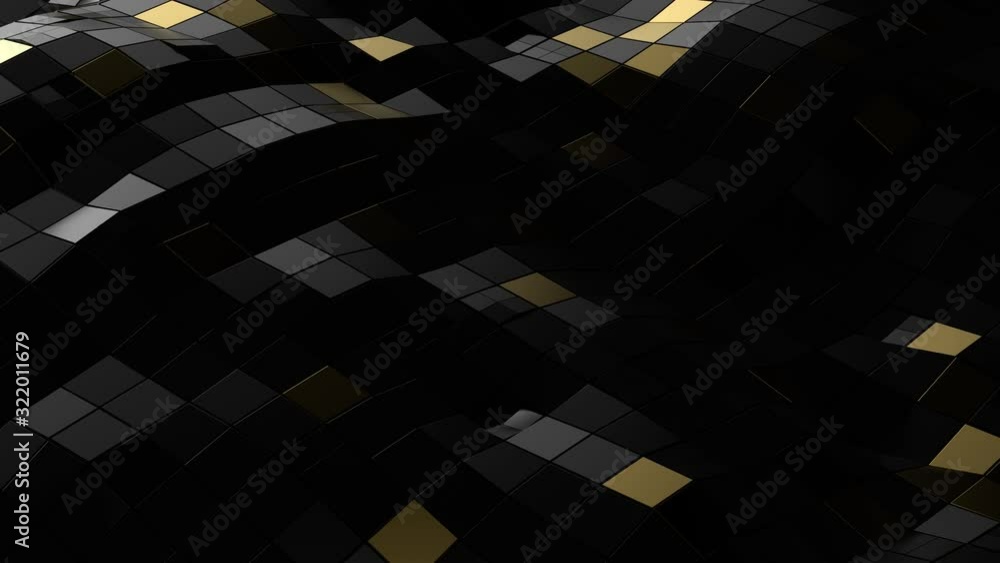 Poster 3d render of dark wavy surface segmented into squares. dark and gold segments. deformed wavy modern 