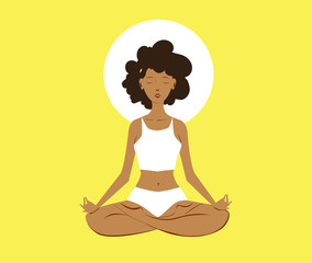 Black young woman, practicing yoga in the lotus pose. Healthy lifestyle and wellness concept. Flat cartoon vector illustration for meditation, recreation, Yoga Day. Isolated on light yellow background
