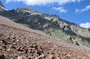 the view of Himalaya mountains on a sunny day under the blue sky in the morning or the evening in Tibet India China the road on high altitudes