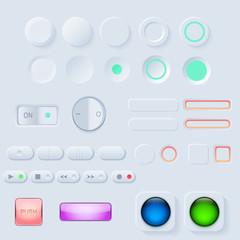 Neumorphic UI button set. Light color Workflow graphic elements in Skeuomorph Trend Design. Button Elements for smart technology and applications. Editable Vector illustration.