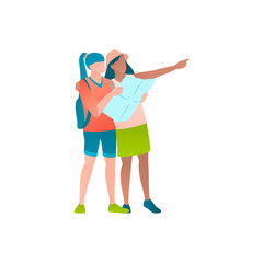 Two tourists on a trip at vector flat illustration. Two female travellers looking for destination departure terminal in the airport. Young girls stand in a full lenght and inspect a tourist map.