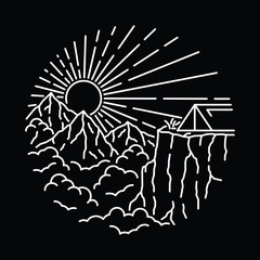Mountain Camp Hike Nature Wild Line Graphic Illustration Vector Art T-shirt Design