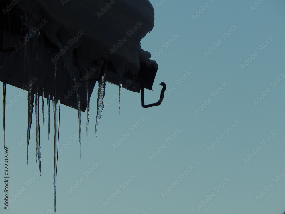 Wall mural transparent icicles on the roof in the shade against a cold blue spring sky