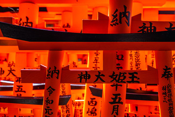 Background of small size torii gates at Fushimi Inari shrine, one of the most popular destination...