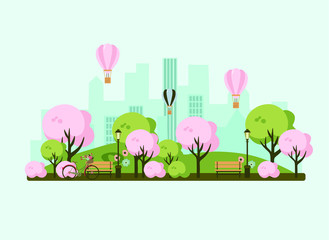 spring in the park, city park, vector illustration