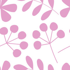 Fototapeta premium Seamless pattern with simple pink flowers and twigs on a white background. Cute, in a minimalist style. For textiles and decor.Vector illustration.