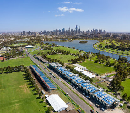 Melbourne Australia February 4th 2020 : Aerial view of buildings on the Albert Park F1 Grand Prix circuit with the lake and city of Melbourne in the background
