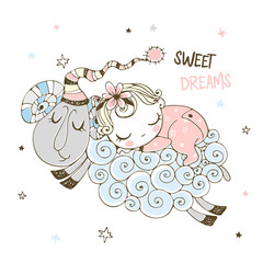 Baby girl sweetly sleeping on a sheep. Baby shower. Sweet dream. Vector.