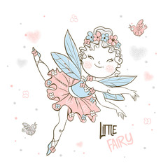 Cute little forest fairy flies with birds. Vector.