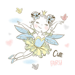 Cute little forest fairy flies with birds. Vector.