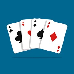 Set of four aces playing cards suits ob blue background. Winning poker hand. Vector illustration