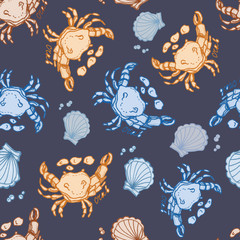 
Crabs, marine animals. Seamless hand-drawn pattern. Sea, ocean, underwater world. Print, textiles. Recreation, tourism.