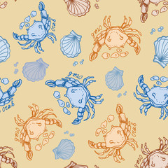 Naklejka premium Crabs, marine animals. Seamless hand-drawn pattern. Sea, ocean, underwater world. Print, textiles. Recreation, tourism.