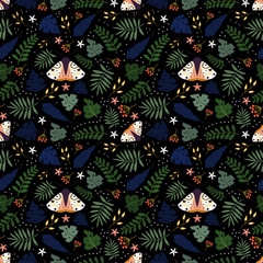Fototapeta premium Seamless Floral Pattern with plants,flowers and moth in the black backdrop