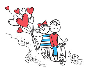 Girl with boy rid on gas moped scooter with balls