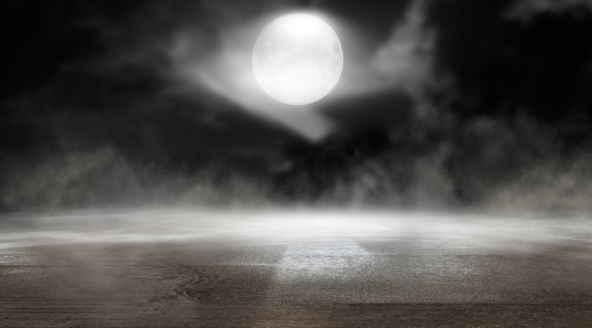 Empty street scene background with abstract spotlights light. Night view of street light reflected on water. Rays through the fog. Smoke, fog, wet asphalt with reflection of lights. 