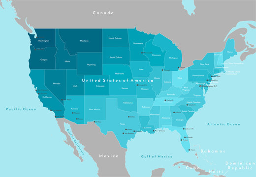 Vector modern illustration. Simplified geographical  map of United States of America (US) and neighboring countries. Blue background of oceans. Names of the cities and states