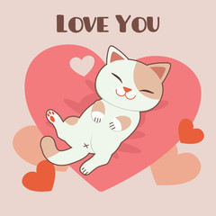The character of cute cat sleepping on the pink pillow. The character of cute cat with text of love you. The cute cat relaxing on the pillow. The character of cute cat in flat vector style.