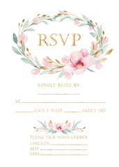 Spring bird on blooming branch with green leaves and flowers. Watercolor wedding invitation card blossom painting. Hand drawn pink wreath design. Cherry isolated branch decoration.