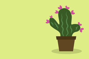 Cactus with flowers. Green plants in pots. Cactus flat vector illustration with copyspace for text.