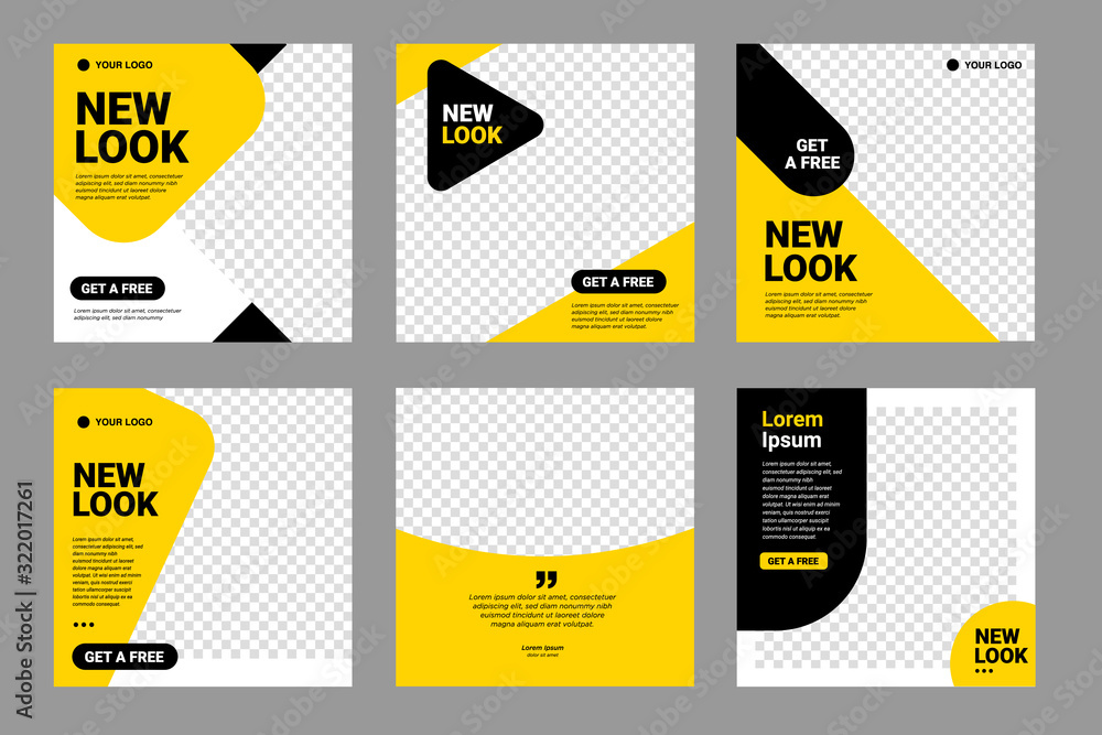 Wall mural set of editable minimal square banner template. black and yellow background color with stripe line s