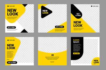 Set of Editable minimal square banner template. Black and yellow background color with stripe line shape. Suitable for social media post and web internet ads. Vector illustration with photo college