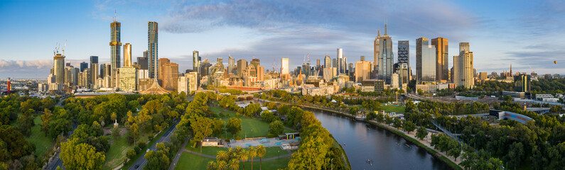 Melbourne Australia February 2nd 2020 : Dawn aerial panoramic image of rowers training on the Yarra...