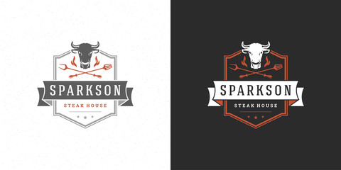 Barbecue logo vector illustration grill steak house or bbq restaurant menu emblem cow head with flame silhouette