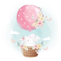 Fototapete Babyzimmer Hasenpaar fliegt mit einem Ballon