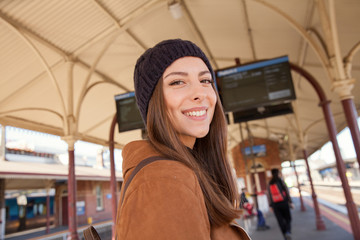 Happy Traveler at the Train Station