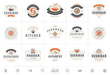Sushi restaurant logos and badges set japanese food with sushi salmon rolls silhouettes vector illustration