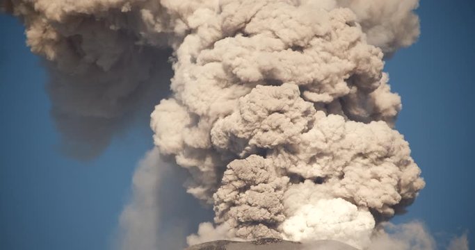 Violent volcanic eruption. Reventador volcano erupting in February 2020. The mountain is situated in a remote part of the Ecuadorian Amazon surrounded by rainforest. 