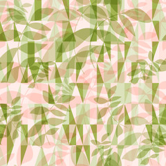 Vector seamless pattern with hand drawn leaves and geometric background with simple triangel shapes. Foliage in pastel colors on abstract mosaic backdrop