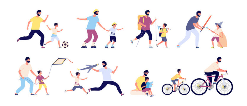 Father With Children. Happy Fatherhood, Daddy And Kids Spending Time Together Playing Football, Hiking And Sunbathing, Fishing Vector Set. Illustration Father And Sin Ride Bike And Play