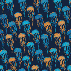 Blue and orange scribbled jellyfish seamless vector pattern. Marine themed surface print design. Great for fabrics, stationery and home decor.