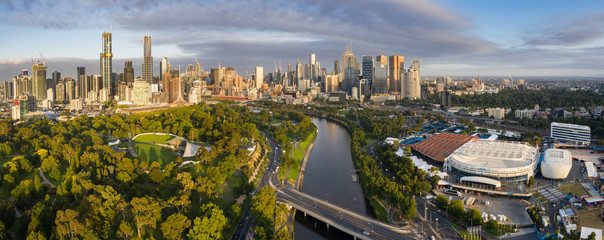 Naklejka premium Aerial panoramic view of the Rod Laver arena and the city of Melbourne Australia