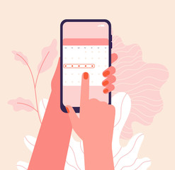 Menstruation cycle. Hands hold woman periods calendar. Menstrual phone application, ovulation check. Vector female health illustration. Female control planning menstrual application