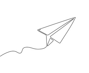 One line paper plane. Abstract flying airplane background. Continuous outline drawing origami aircraft. Vector isolated travel sign. Illustration airplane drawing, flight aviation outline