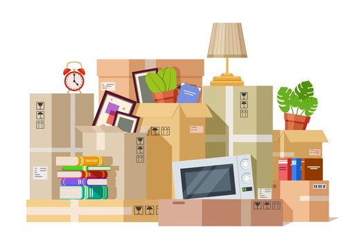 Moving boxes. Carton box packing family stuff. Cardboard parcels relocation, cargo package to new house. We are moved vector illustration. Package cardboard, pack for relocation, carton cargo